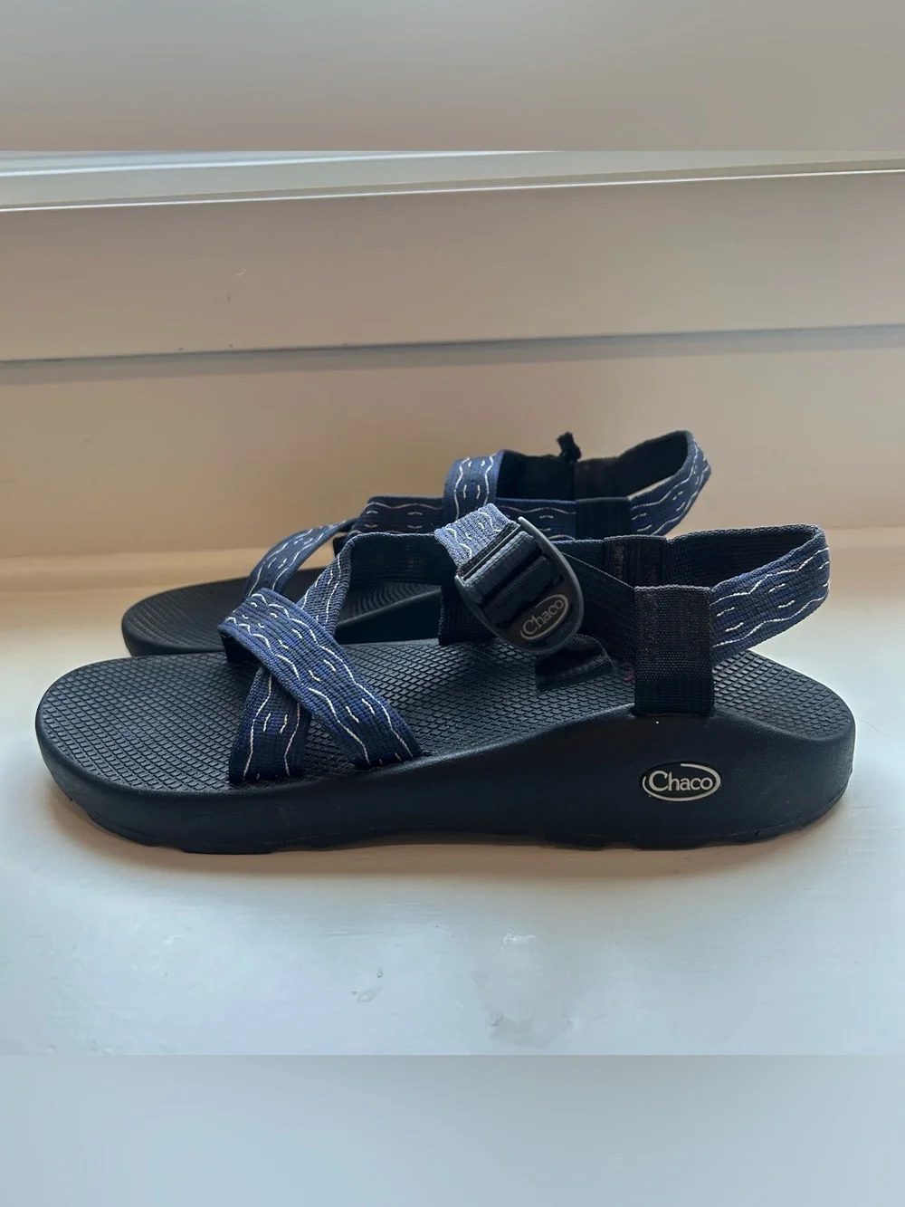 Chaco Z/Cloud sandals M13 black and navy with white wavy stitching on straps.